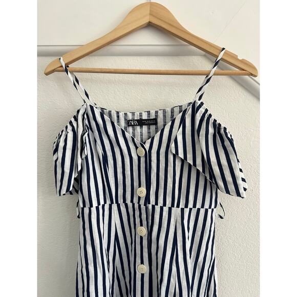 Zara Blue White Striped Cold Shoulder Button Up Linen Blend Sundress Womens XS - Picture 5 of 16